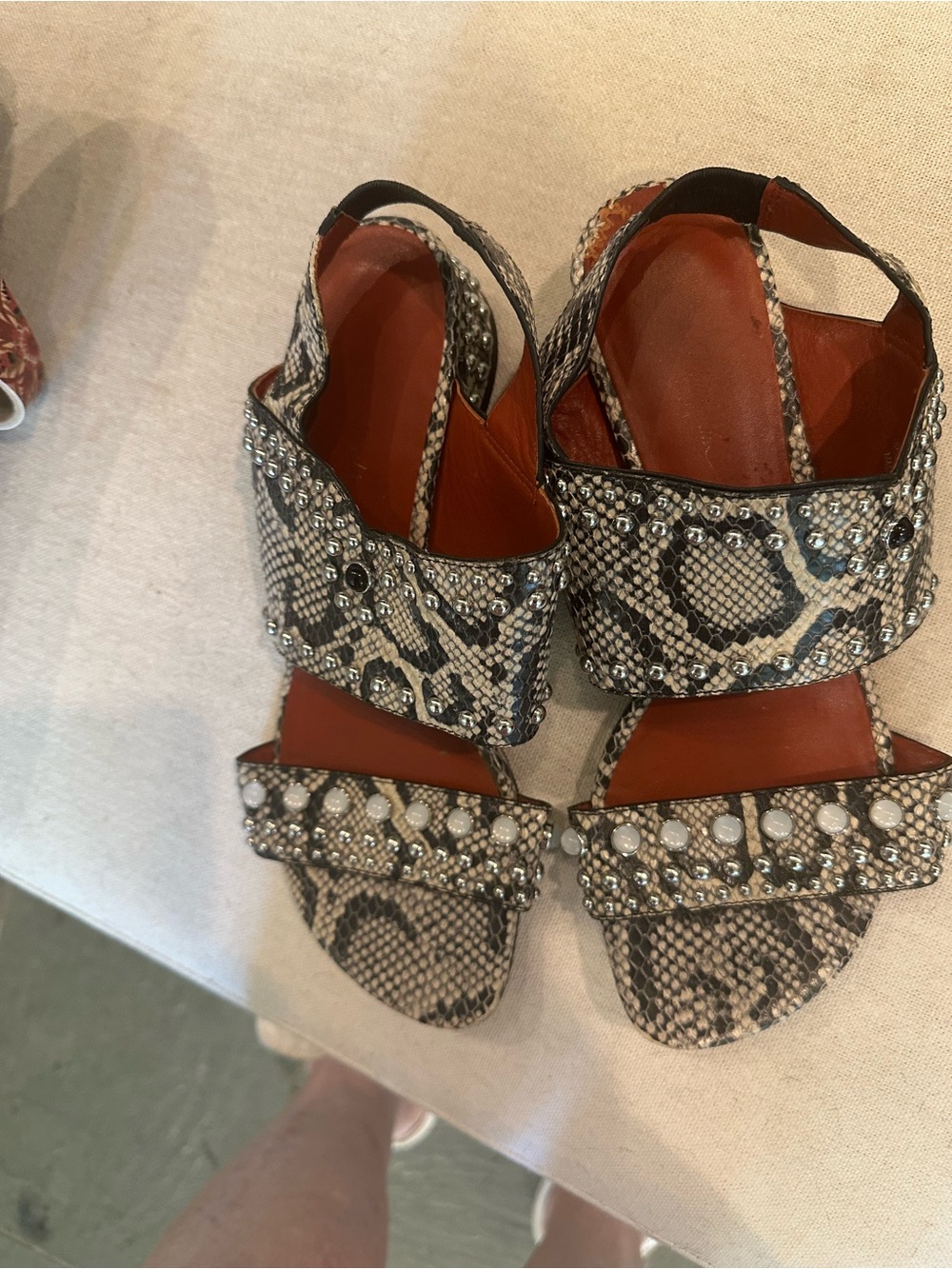 Embellished Snake-Print Women’s Sandals in Beige